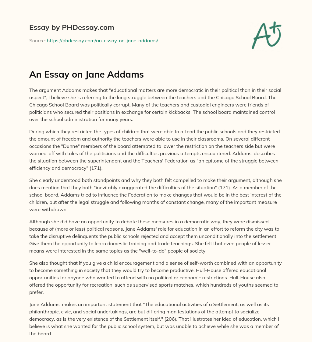 An Essay on Jane Addams essay