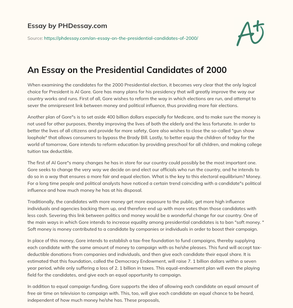 An Essay on the Presidential Candidates of 2000 essay
