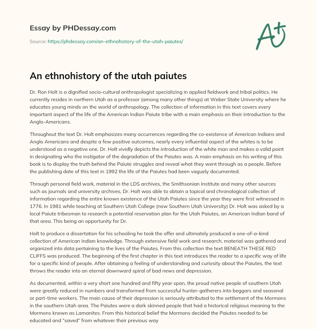 An ethnohistory of the utah paiutes essay