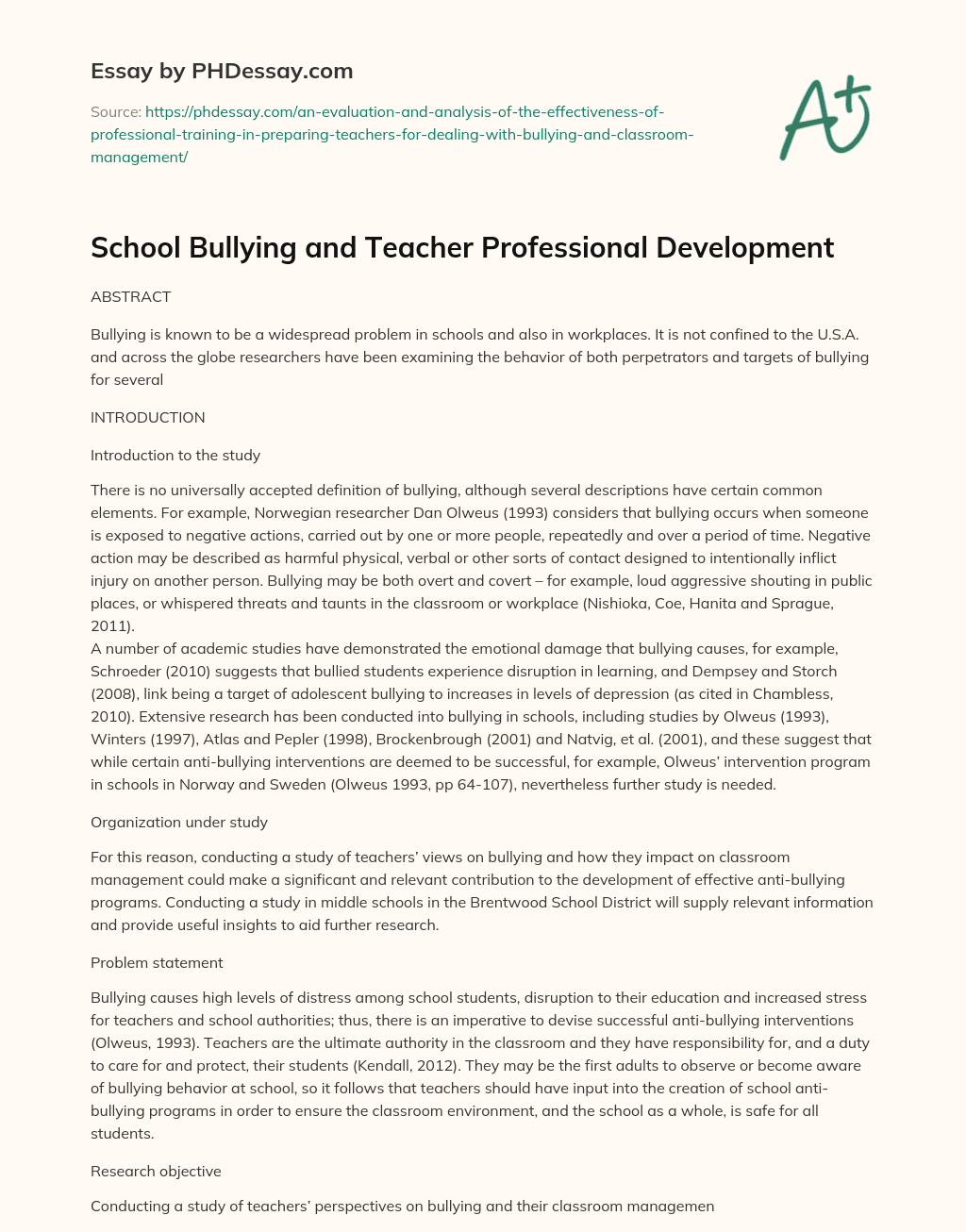 School Bullying and Teacher Professional Development essay