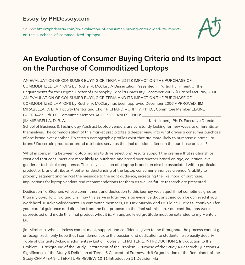 An Evaluation of Consumer Buying Criteria and Its Impact on the Purchase of Commoditized Laptops essay