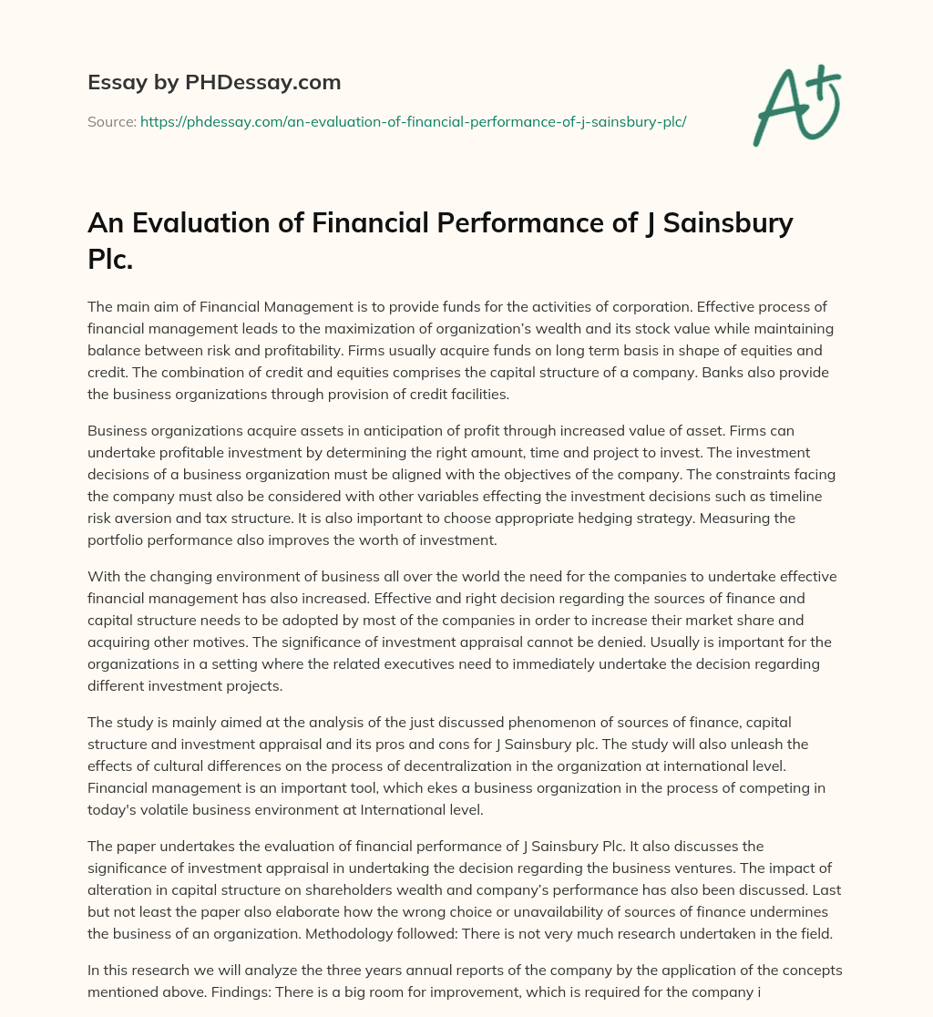 An Evaluation of Financial Performance of J Sainsbury Plc. essay
