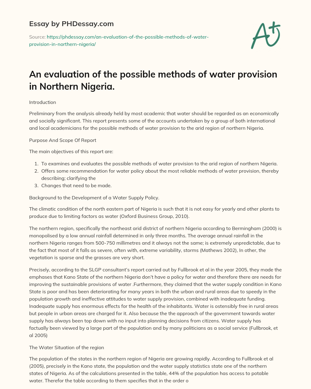 An evaluation of the possible methods of water provision in Northern Nigeria. essay