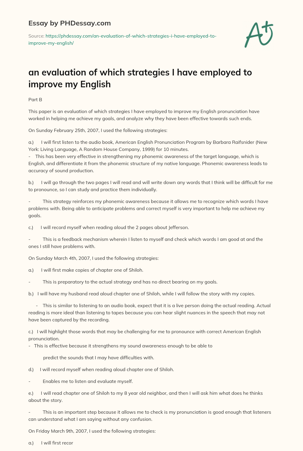 an evaluation of which strategies I have employed to improve my English essay