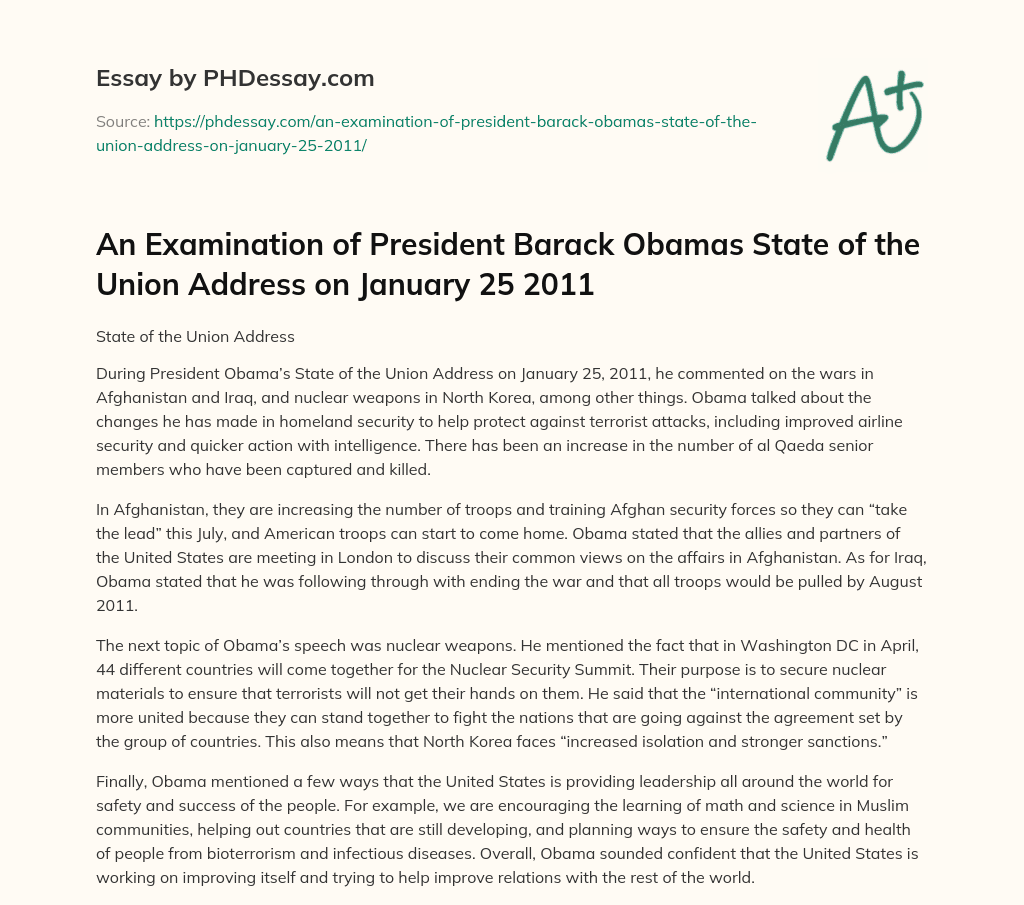 An Examination of President Barack Obamas State of the Union Address on January 25 2011 essay