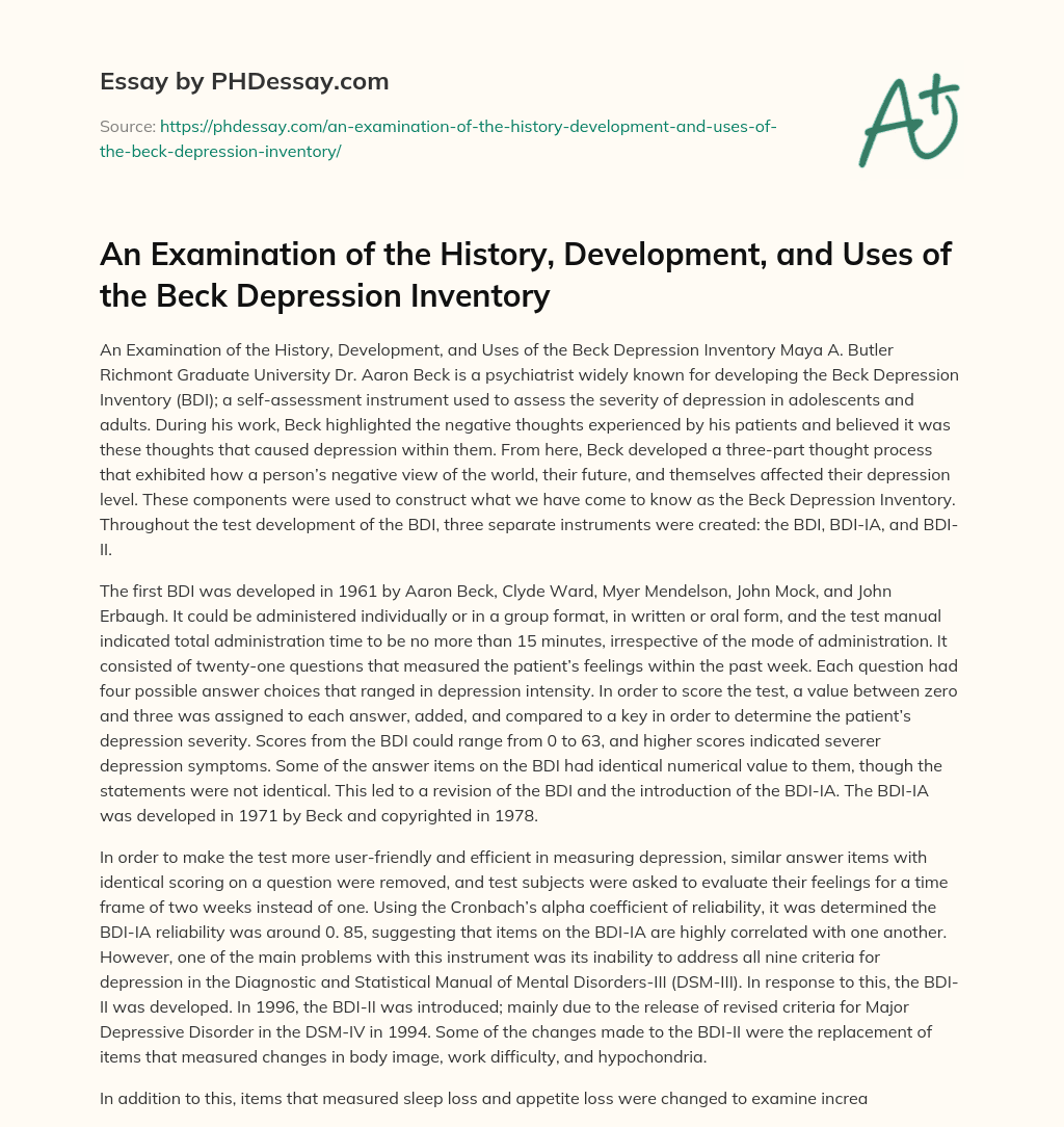 An Examination of the History, Development, and Uses of the Beck Depression Inventory essay