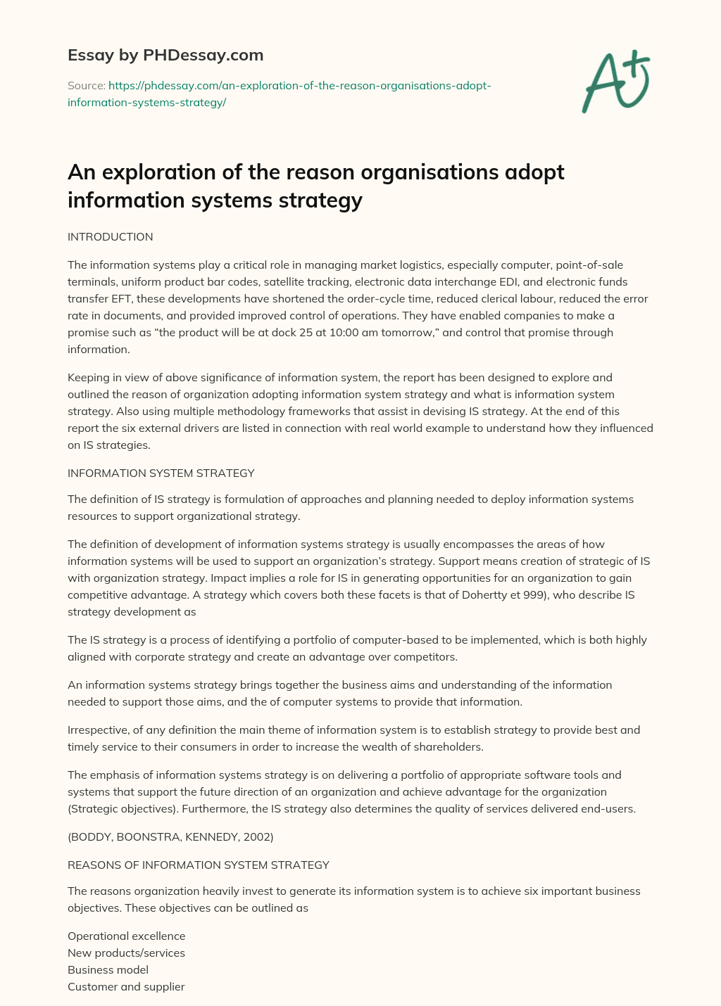 An exploration of the reason organisations adopt information systems strategy essay