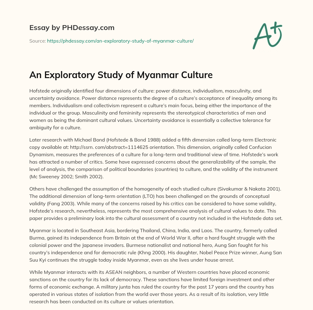 An Exploratory Study of Myanmar Culture essay