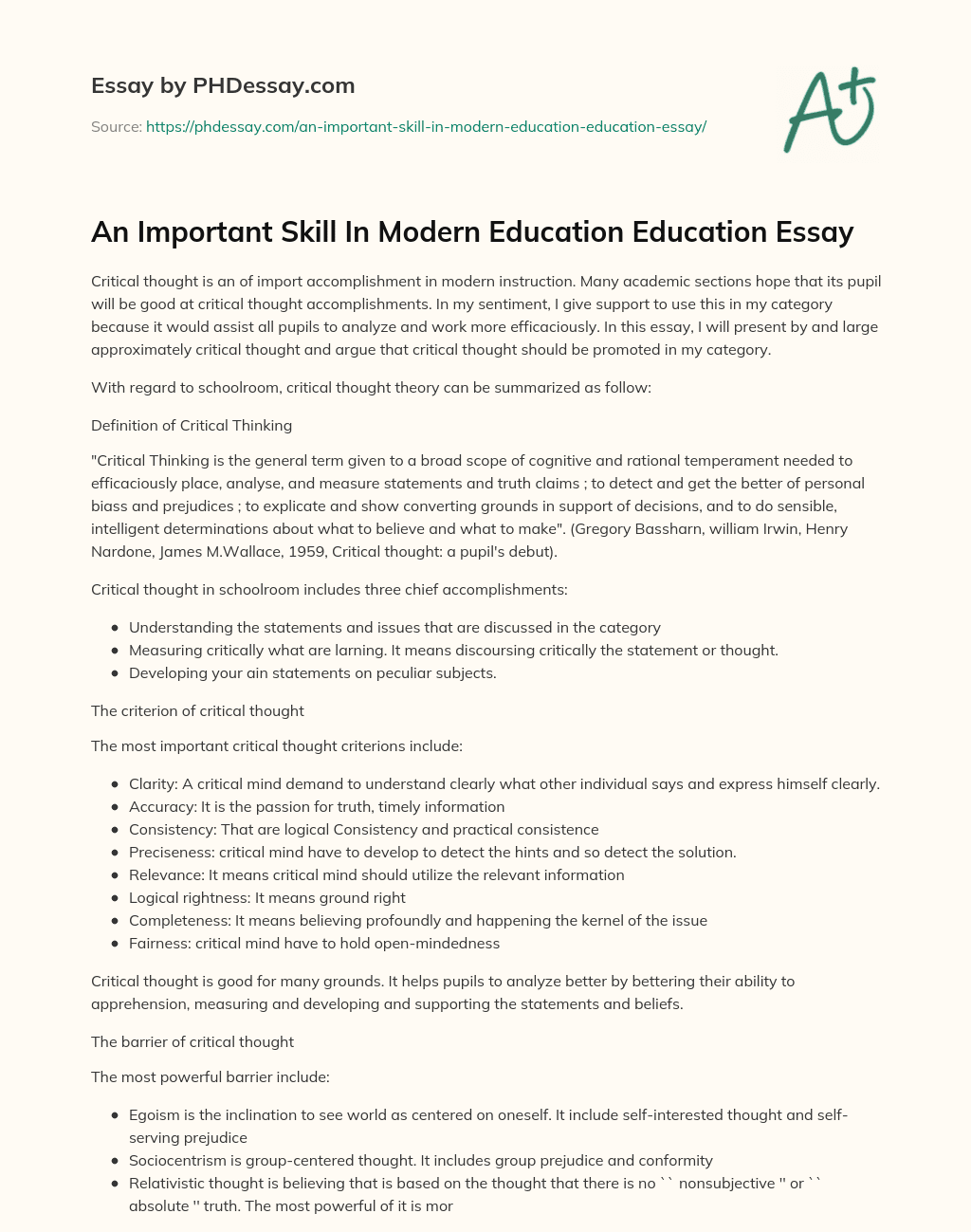An Important Skill In Modern Education Education Essay essay