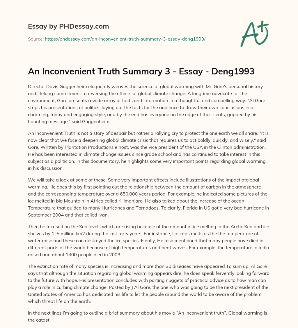 An Inconvenient Truth Summary 3 – Essay – Deng1993 essay