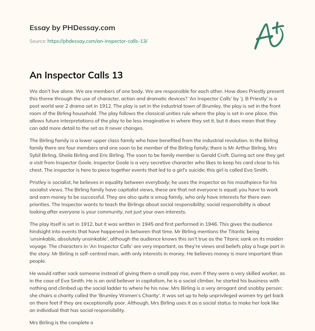 Social Responsibility in ‘An Inspector Calls’ by J.B Priestly essay