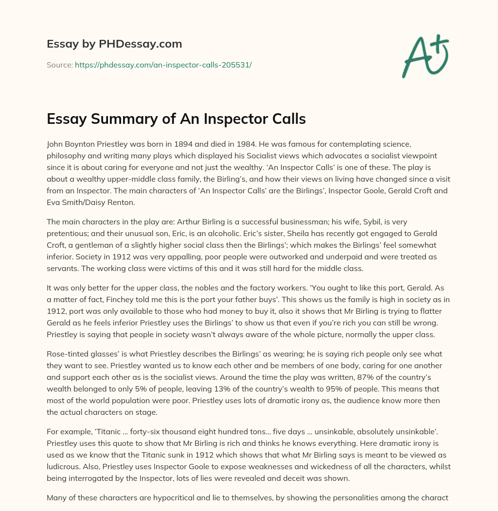 Essay Summary of An Inspector Calls essay