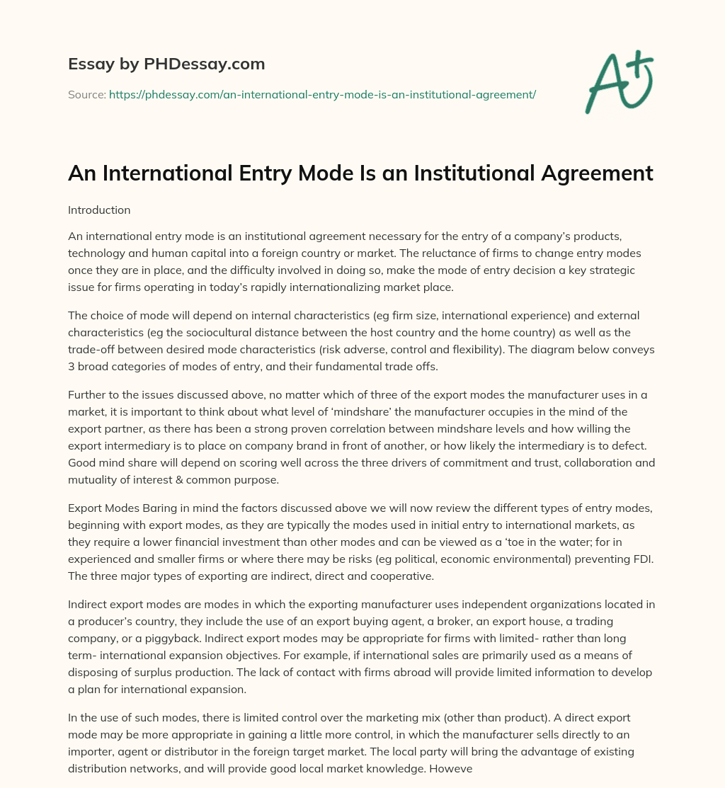 An International Entry Mode Is an Institutional Agreement essay