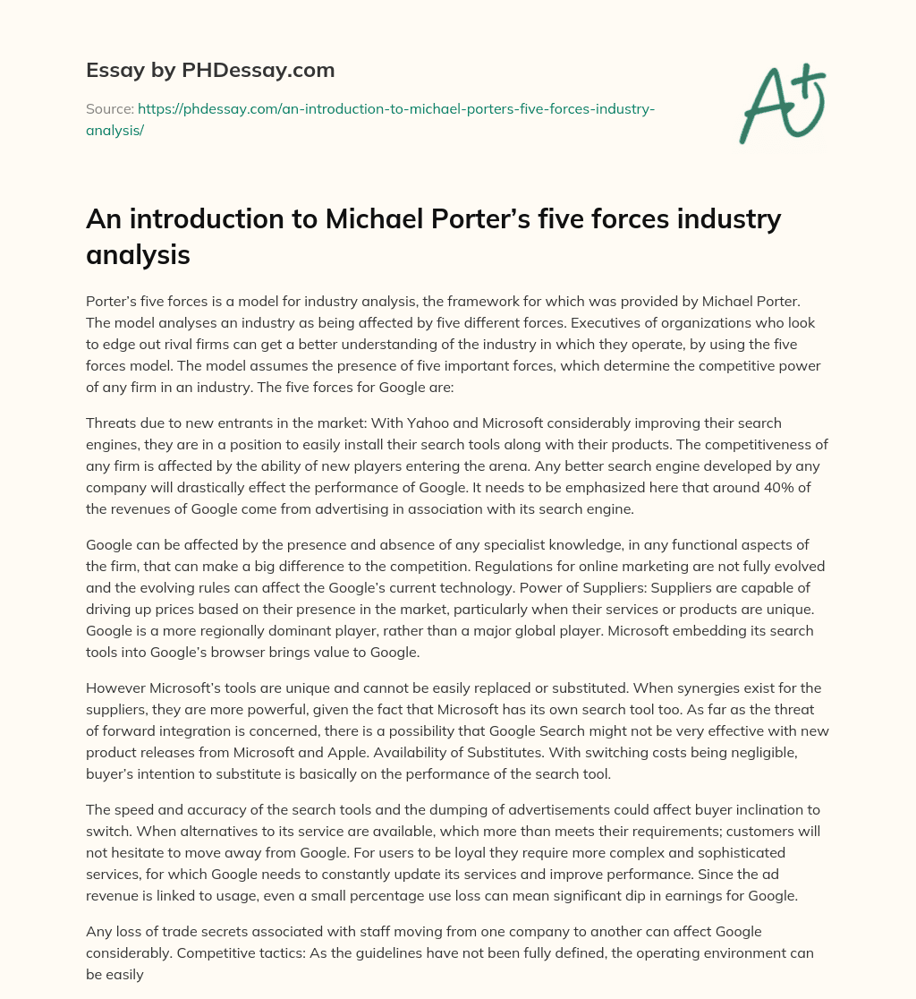 An introduction to Michael Porter’s five forces industry analysis essay