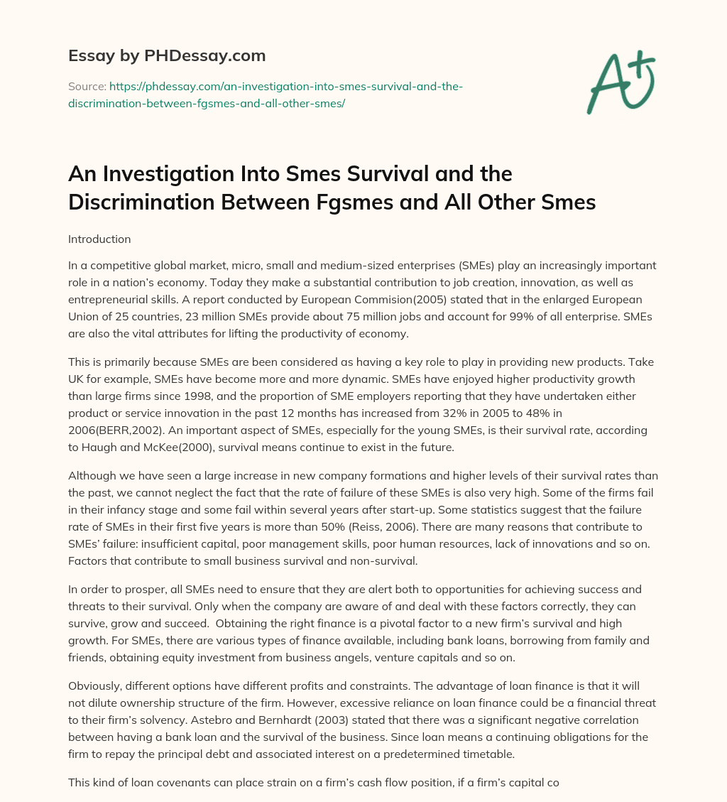 An Investigation Into Smes Survival and the Discrimination Between Fgsmes and All Other Smes essay