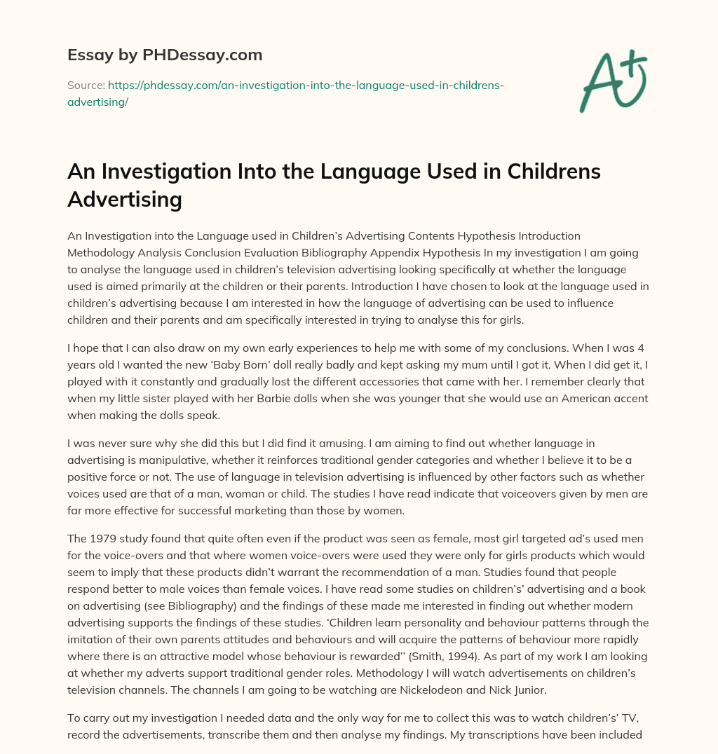 An Investigation Into the Language Used in Childrens Advertising essay