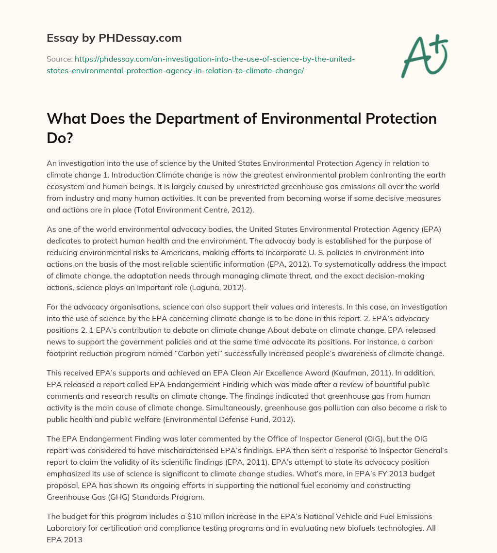 What Does the Department of Environmental Protection Do? essay