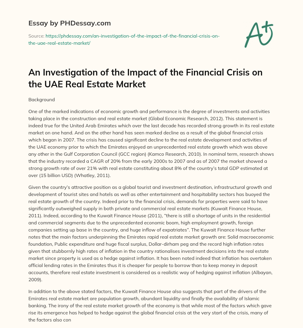 An Investigation of the Impact of the Financial Crisis on the UAE Real Estate Market essay
