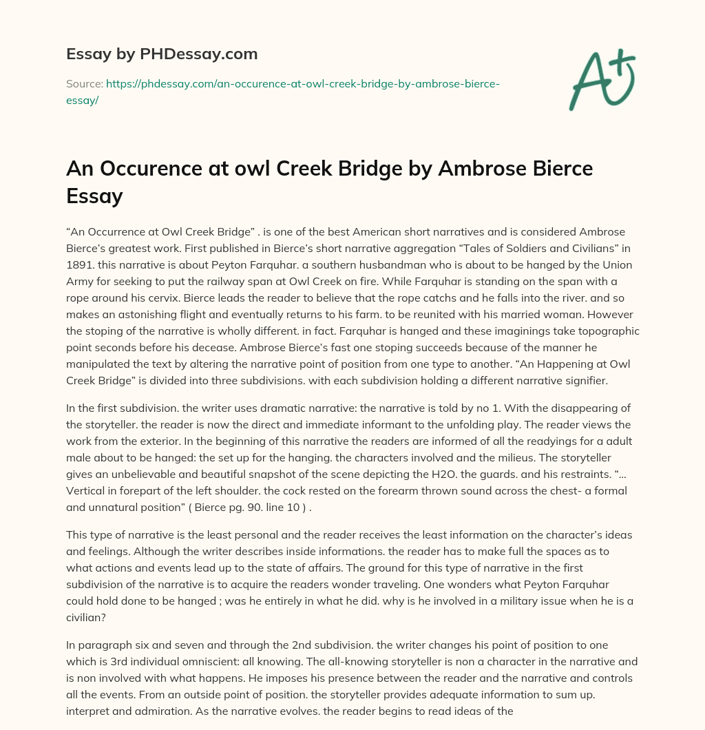 An Occurence at owl Creek Bridge by Ambrose Bierce Essay essay