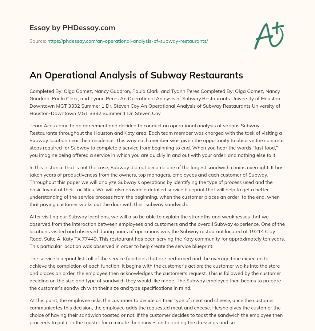 An Operational Analysis of Subway Restaurants essay