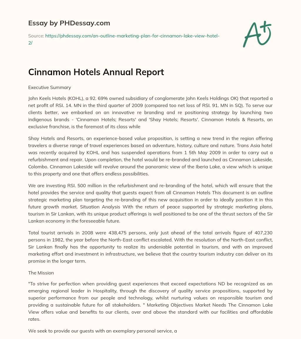 Cinnamon Hotels Annual Report essay