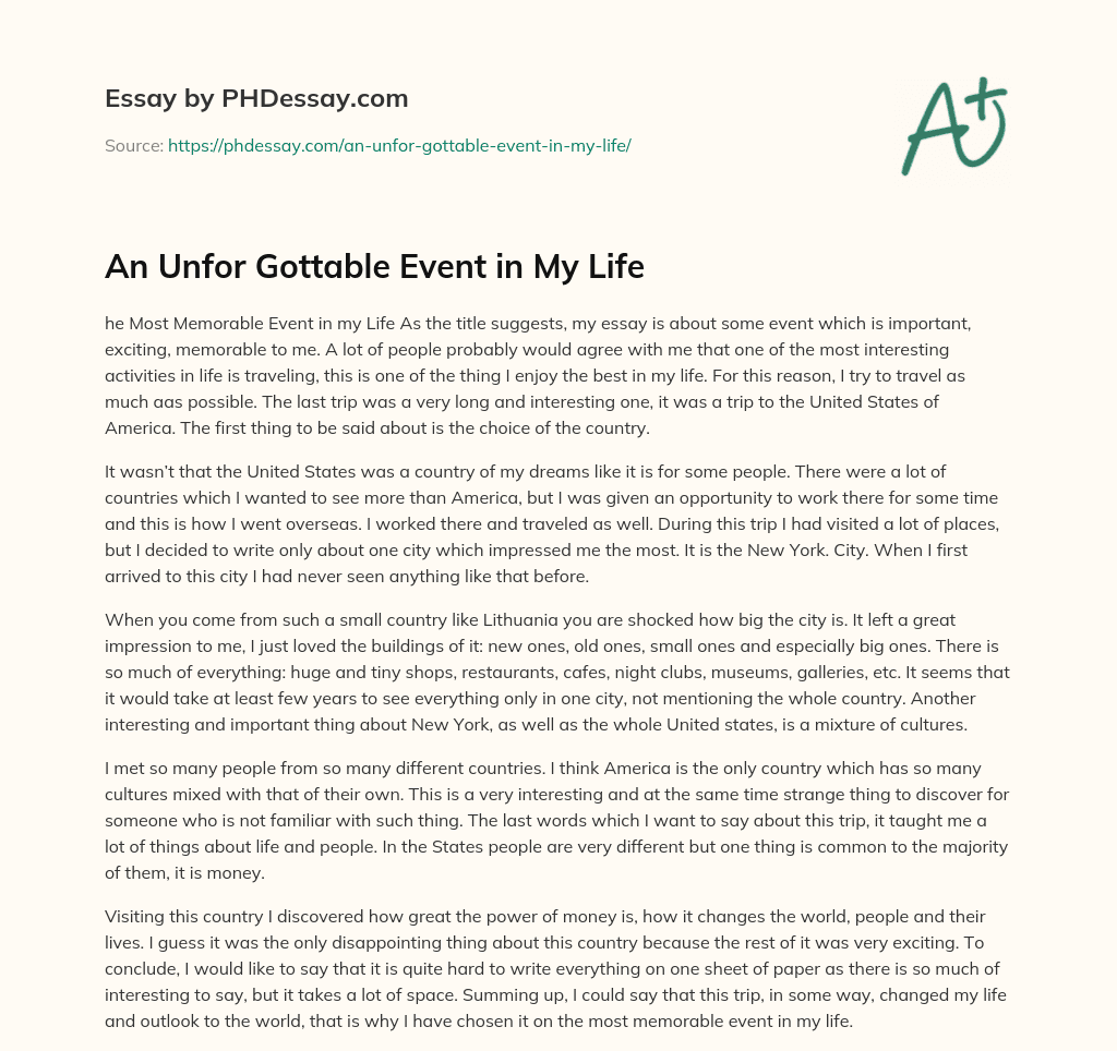 An Unfor Gottable Event in My Life essay