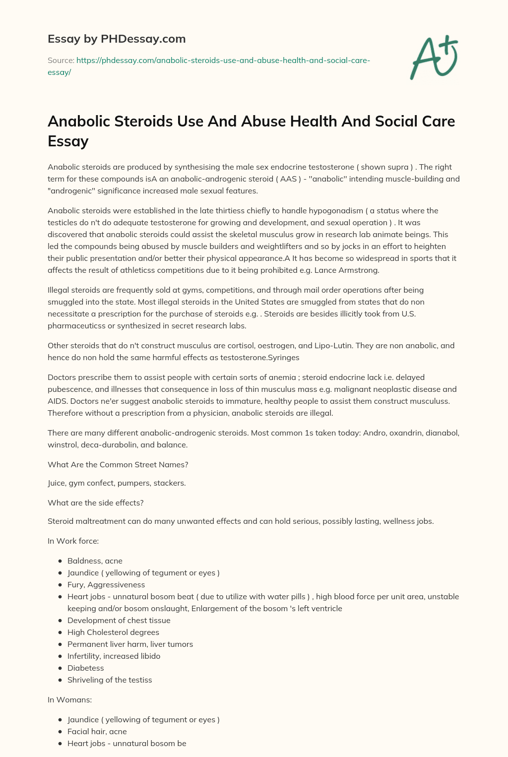 Anabolic Steroids Use And Abuse Health And Social Care Essay essay