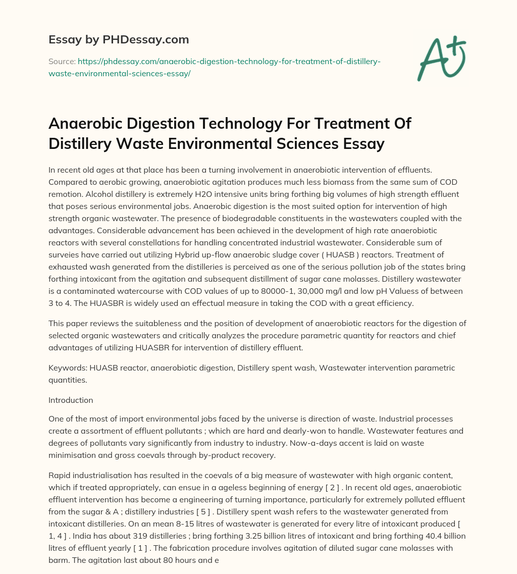 Anaerobic Digestion Technology For Treatment Of Distillery Waste Environmental Sciences Essay essay