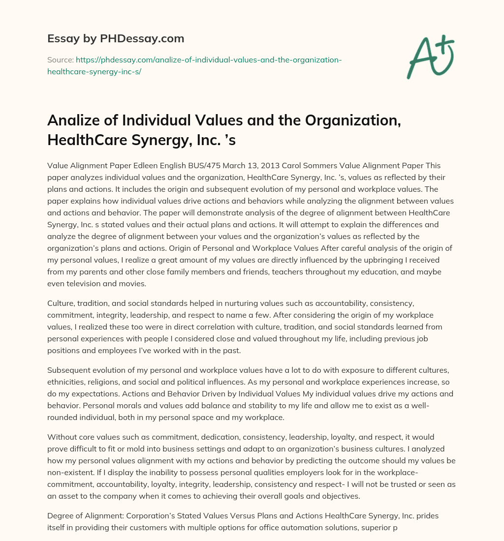 Analize of Individual Values and the Organization, HealthCare Synergy, Inc. ’s essay