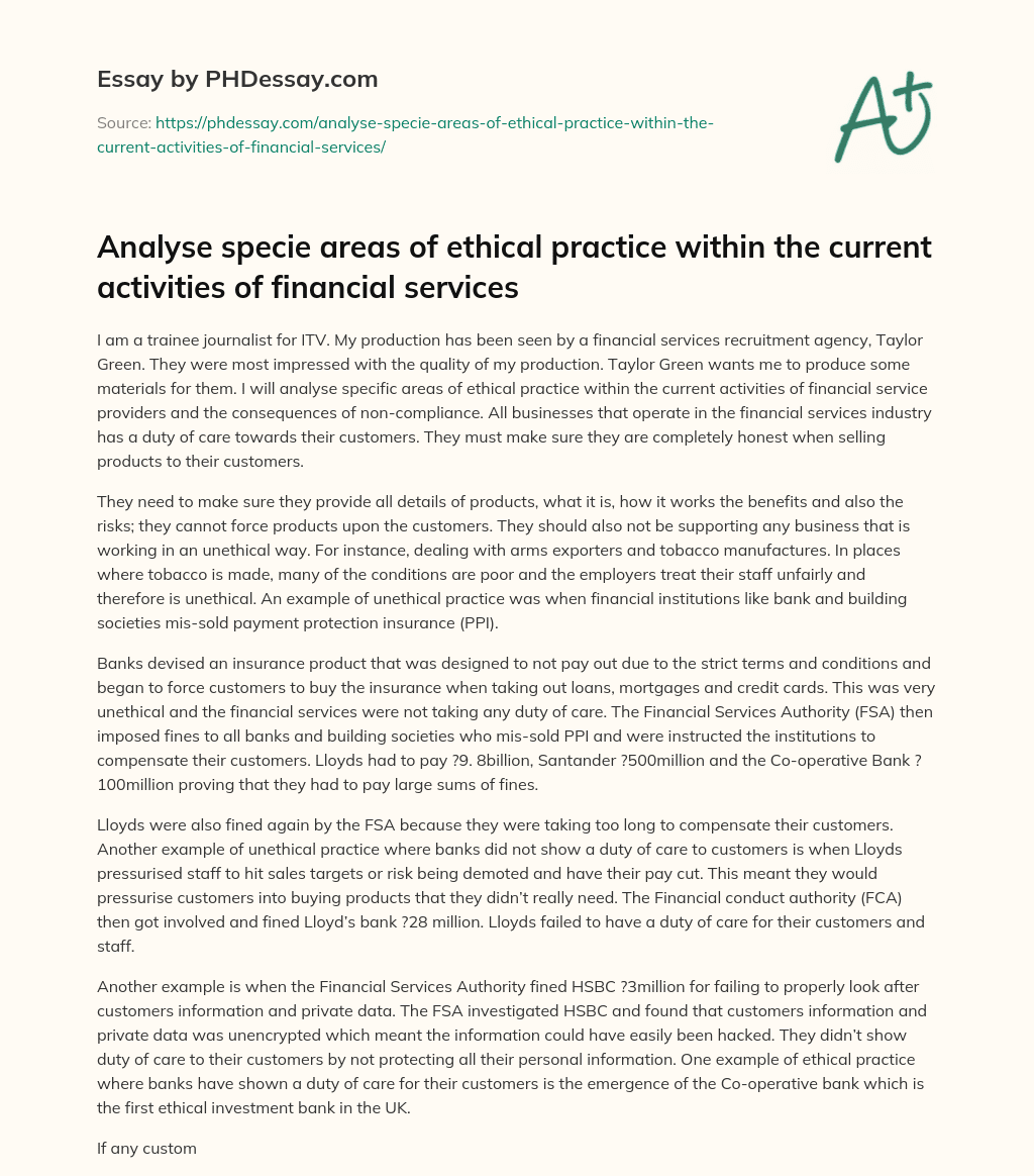 Importance of Ethical Practice in Financial Services Industry essay