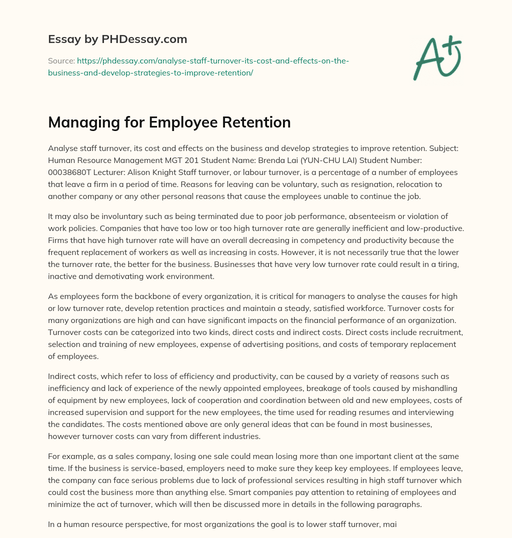 Managing for Employee Retention essay