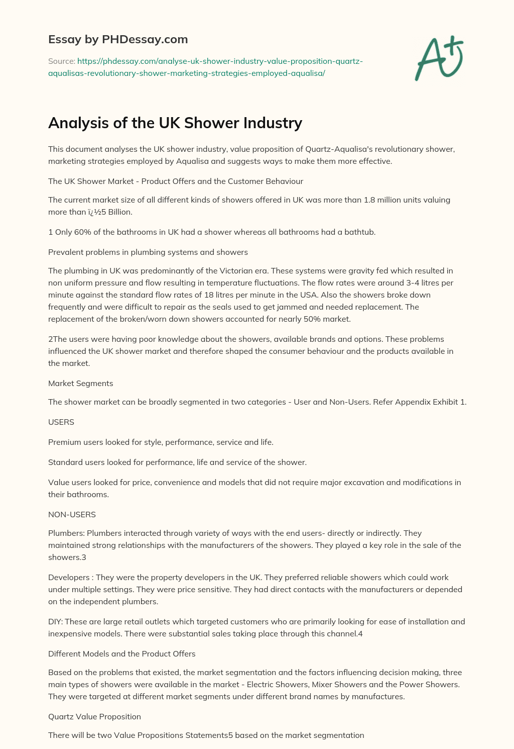 Analysis of the UK Shower Industry essay