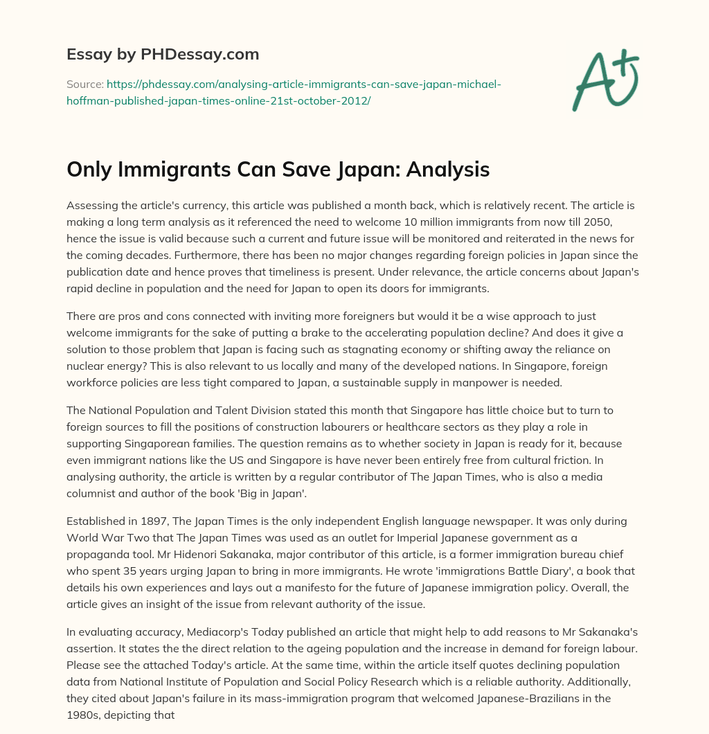 Only Immigrants Can Save Japan: Analysis essay