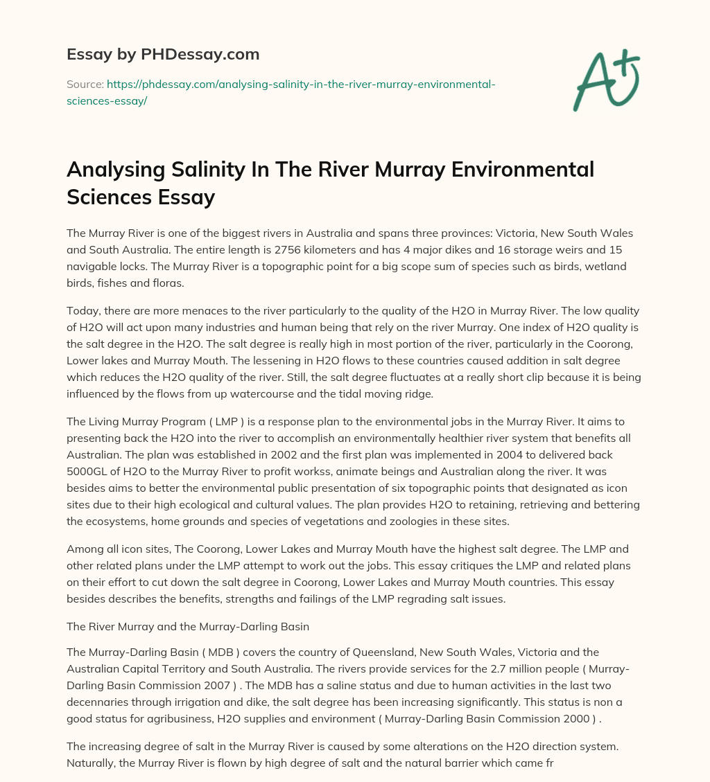 Analysing Salinity In The River Murray Environmental Sciences Essay essay