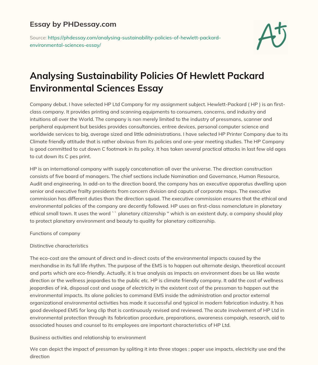 Analysing Sustainability Policies Of Hewlett Packard Environmental Sciences Essay essay