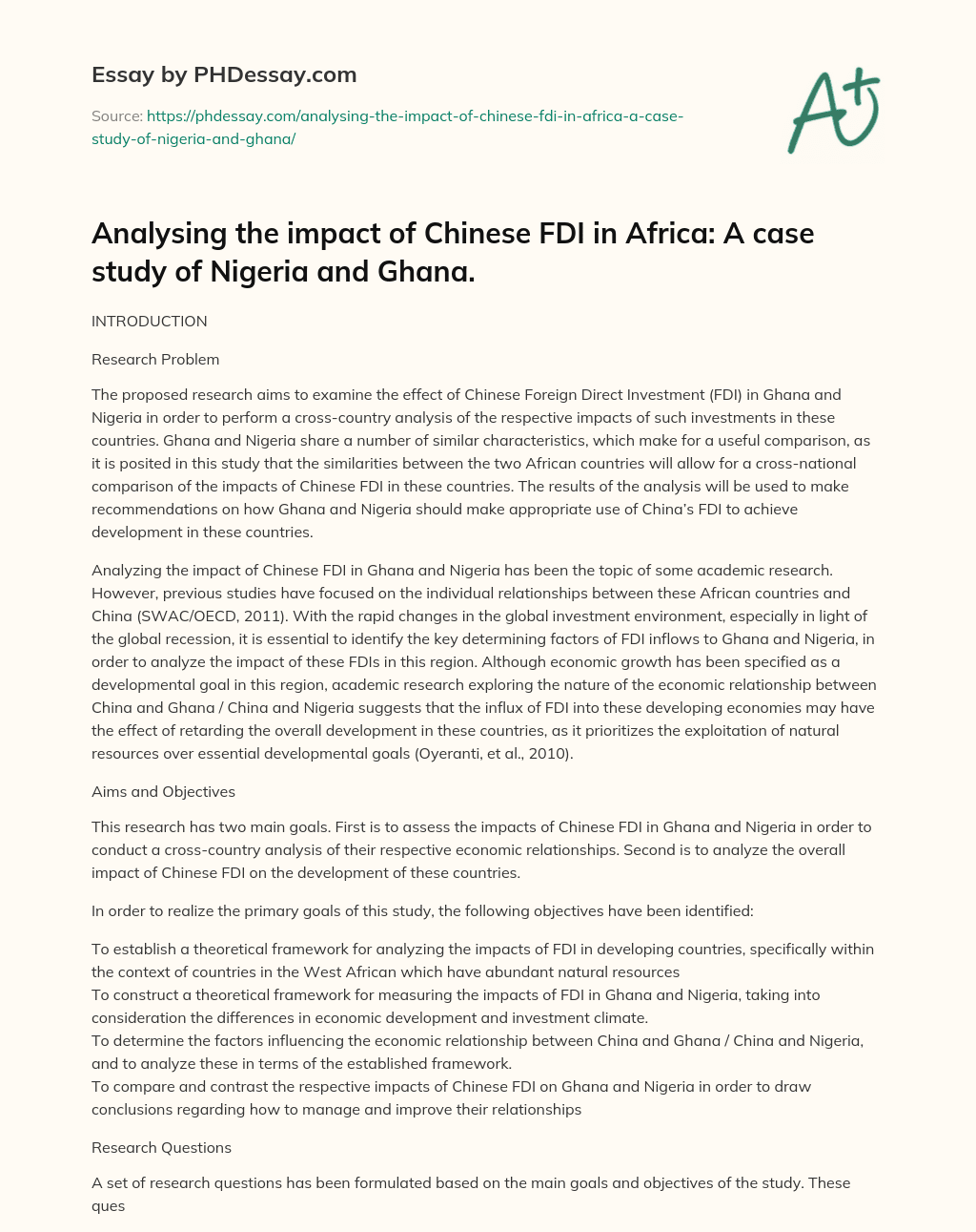 Analysing the impact of Chinese FDI in Africa: A case study of Nigeria and Ghana. essay