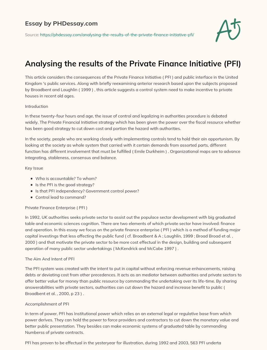 Analysing the results of the Private Finance Initiative (PFI) essay