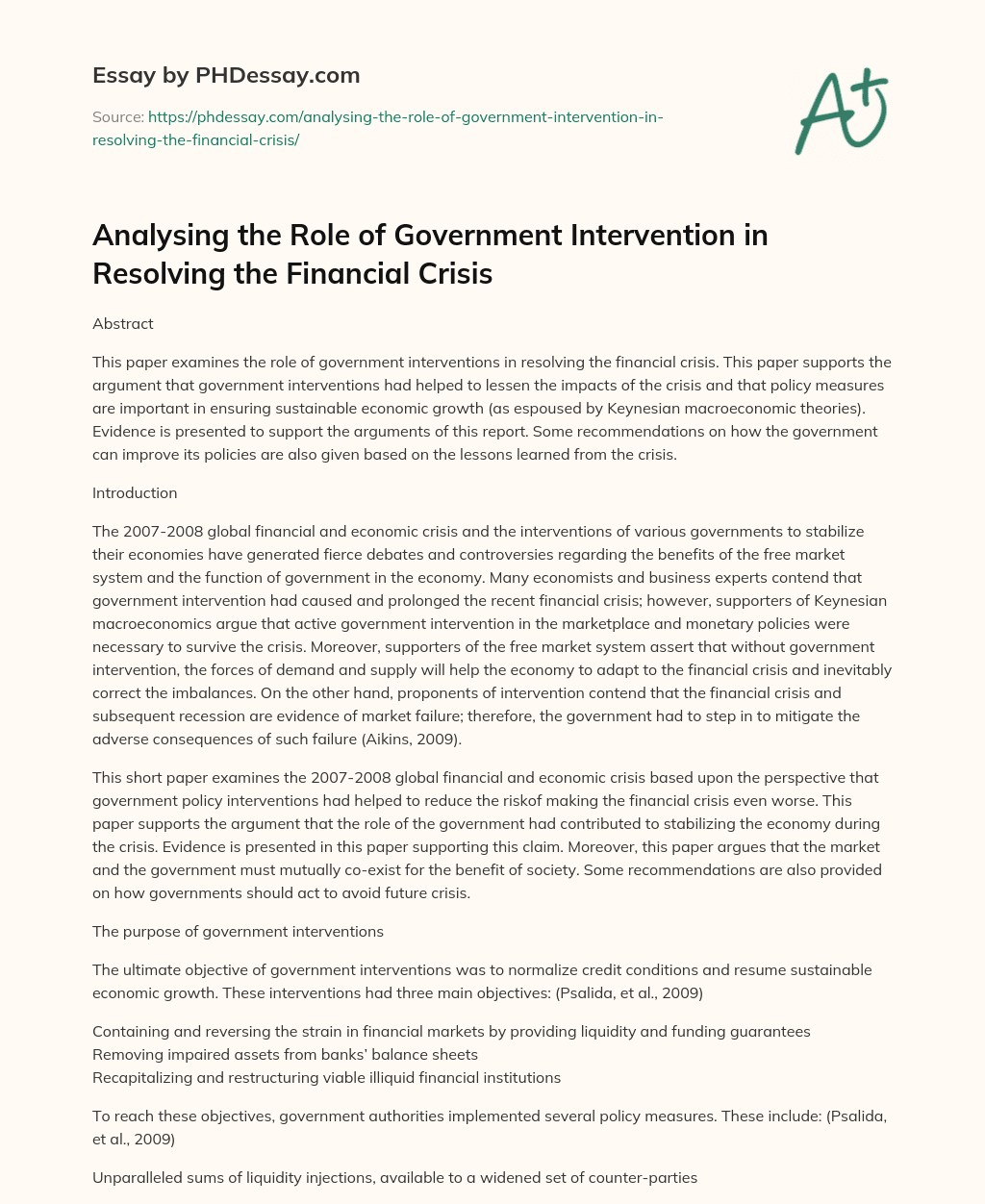 Analysing the Role of Government Intervention in Resolving the Financial Crisis essay