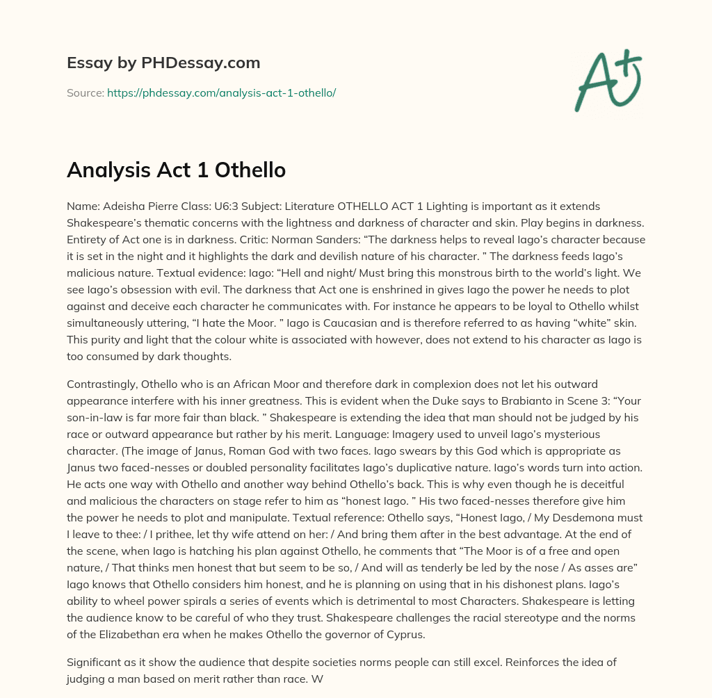 Analysis Act 1 Othello essay