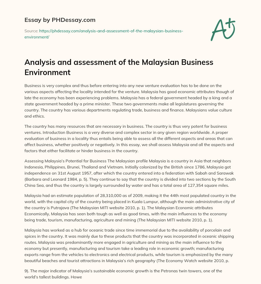 Analysis and assessment of the Malaysian Business Environment essay