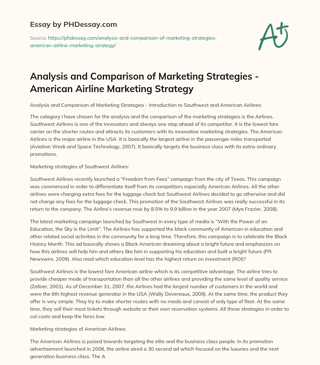 Analysis And Comparison Of Marketing Strategies American Airline