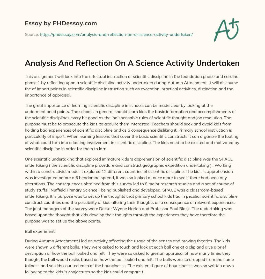 Analysis And Reflection On A Science Activity Undertaken essay