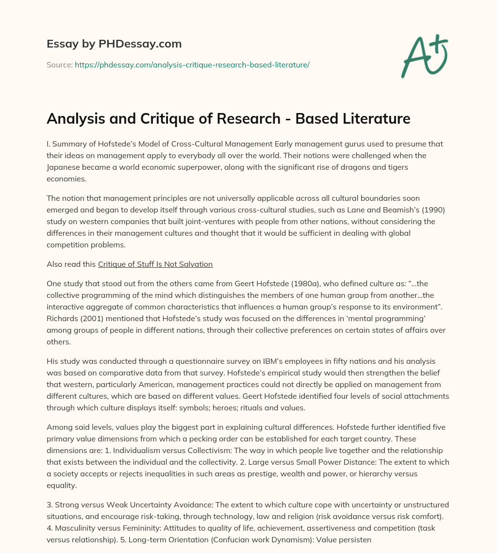 Analysis and Critique of Research – Based Literature essay