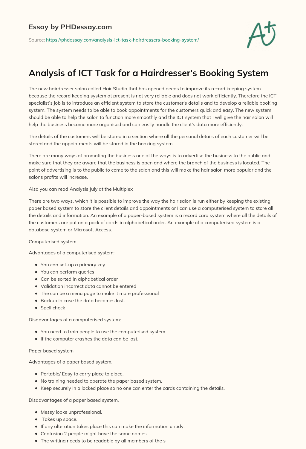 Analysis of ICT Task for a Hairdresser’s Booking System essay