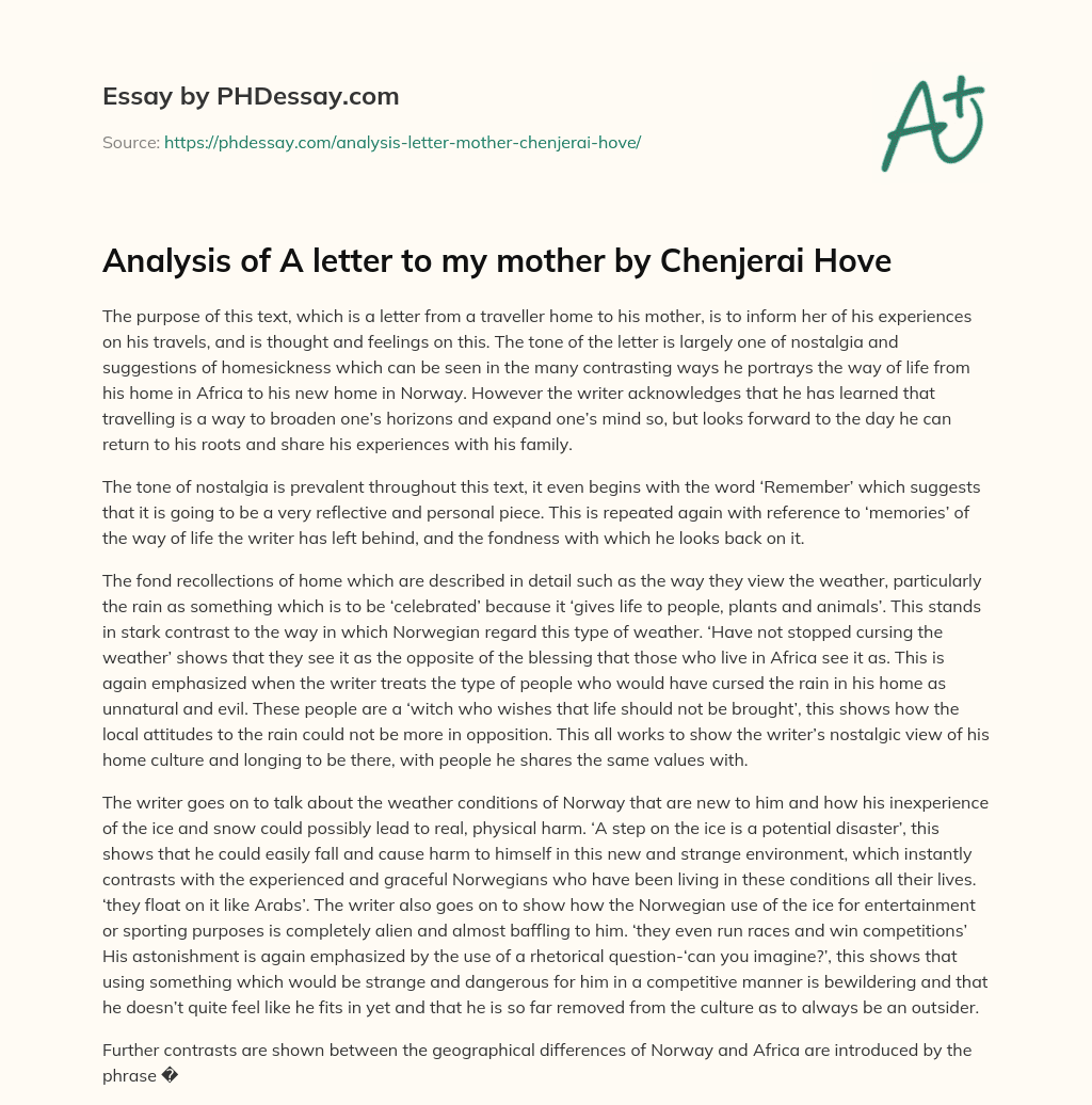 Analysis of A letter to my mother by Chenjerai Hove essay