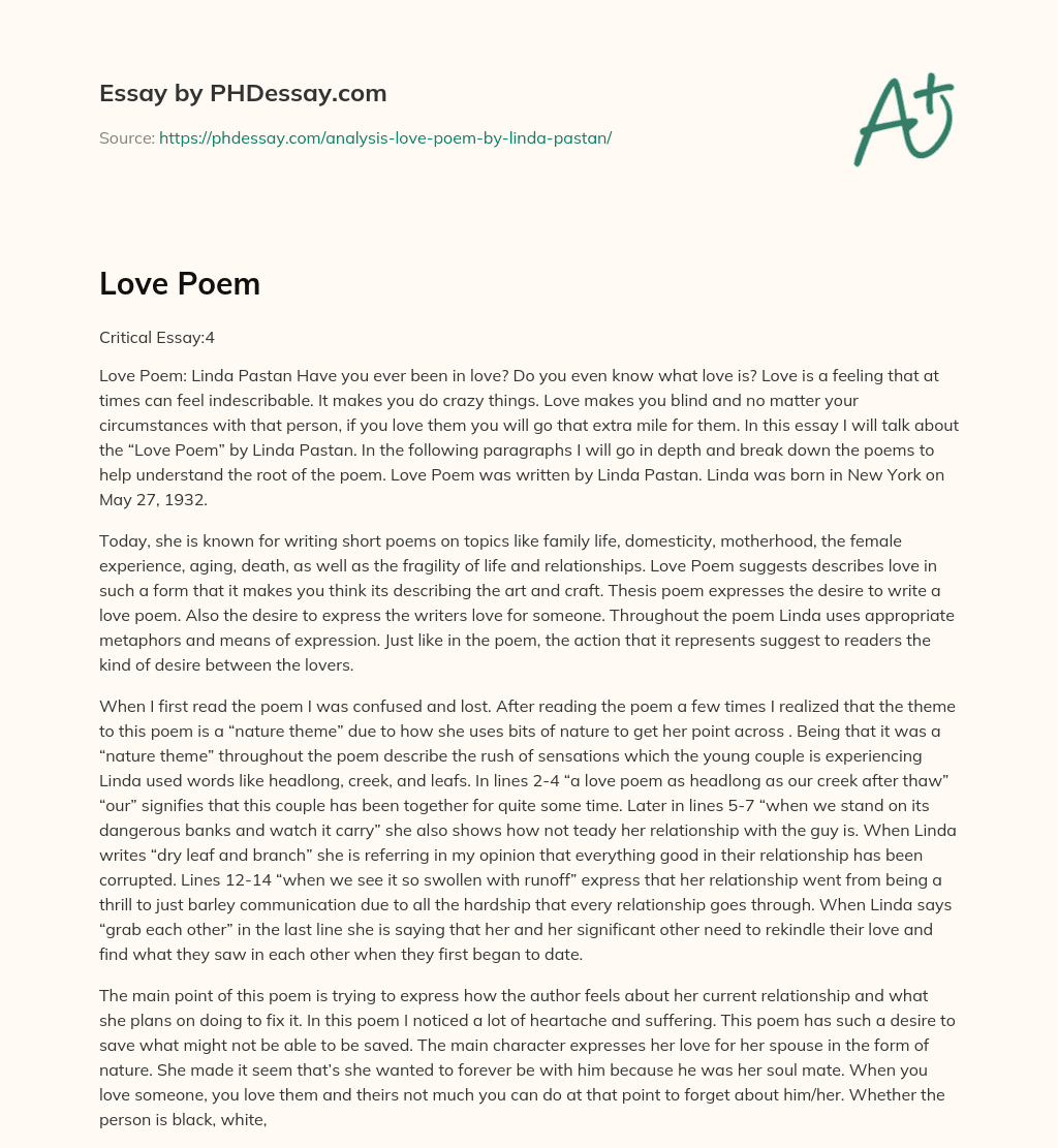 The Analysis of Linda Pastan’s Love Poem and its Nature Theme essay