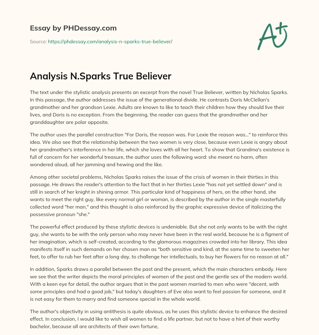 Analysis N.Sparks True Believer essay