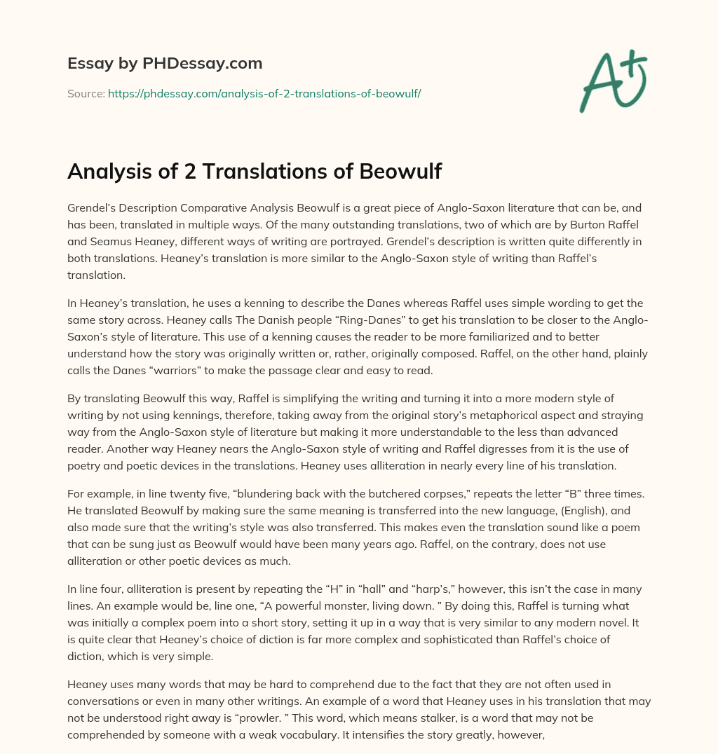 Analysis of 2 Translations of Beowulf essay