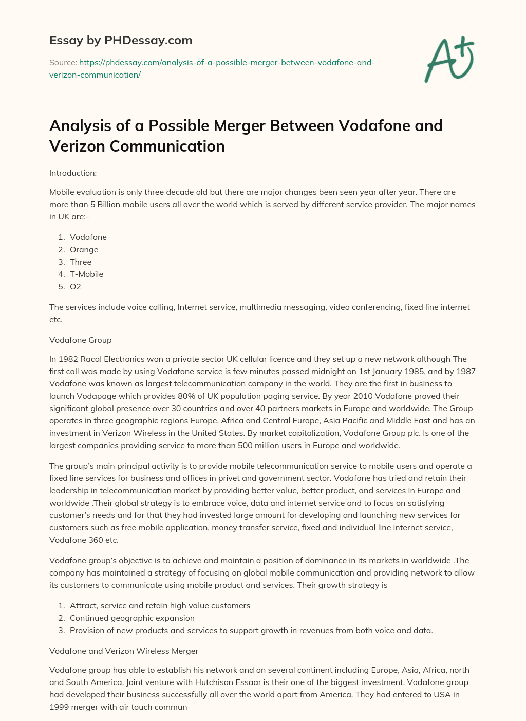 Analysis of a Possible Merger Between Vodafone and Verizon Communication essay
