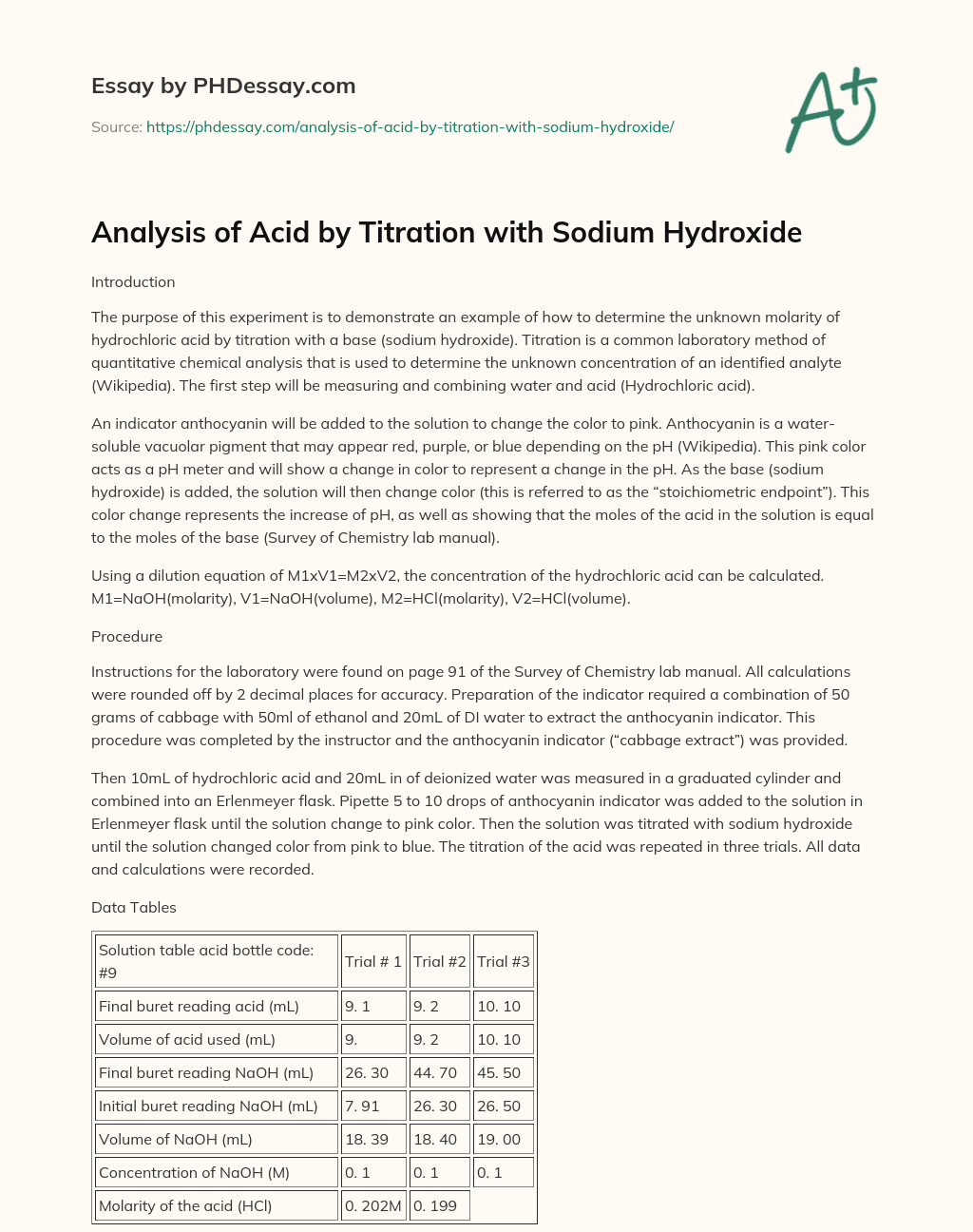Analysis of Acid by Titration with Sodium Hydroxide essay